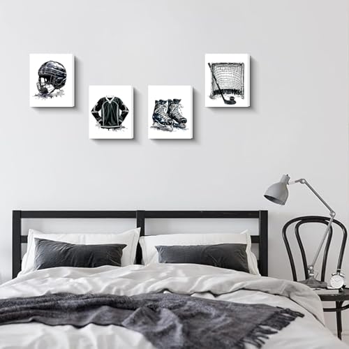 8x10 Inch Hockey Wall Art Set of 4 Framed Canvas Prints - Black & White Sports Decor