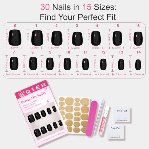 Short Squoval Press-On Nails - Solid Black, 30Pcs, 15 Sizes, Variation: Short Square Round Black