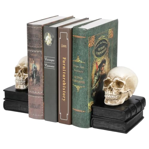 Heavy Gothic Skull Bookends Set of 2 - Black Resin Book Supports for Halloween & Decor