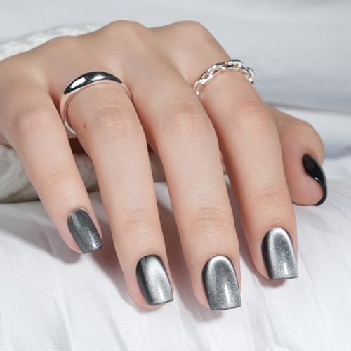 SEEWEE Cat Eye Black Press On Nails Short Square - Silver Nocturne Variation