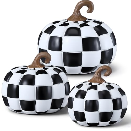 Black and White Checkered Fall Pumpkin Decor Set - Resin Halloween & Thanksgiving Table Ornaments - 3 Sizes