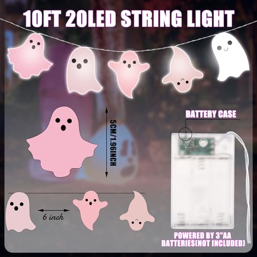 Pink Ghost Halloween LED String Lights - Battery Operated 10ft Spooky Decor
