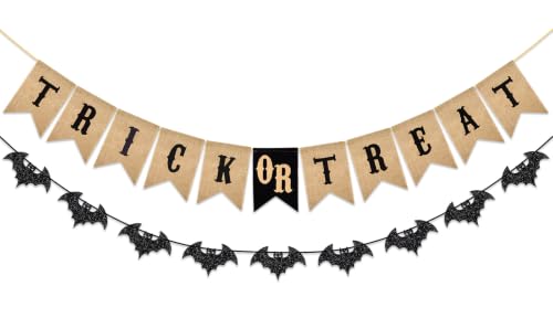 Halloween Trick or Treat Banner & Bat Garland - Burlap & Glitter Decorations