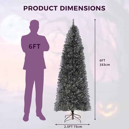 6ft Slim Black Artificial Christmas Tree with Lights - Halloween & Holiday Decor