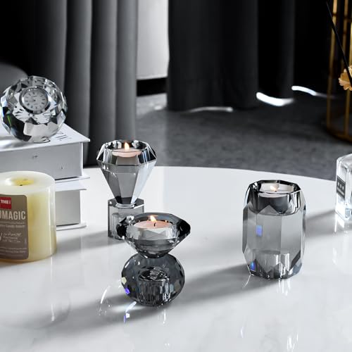 Smoky Grey Crystal Candle Holder Set of 3 - Elegant Glass Stand for Pillar Taper Tealight Candles, Wedding & Holiday Decor