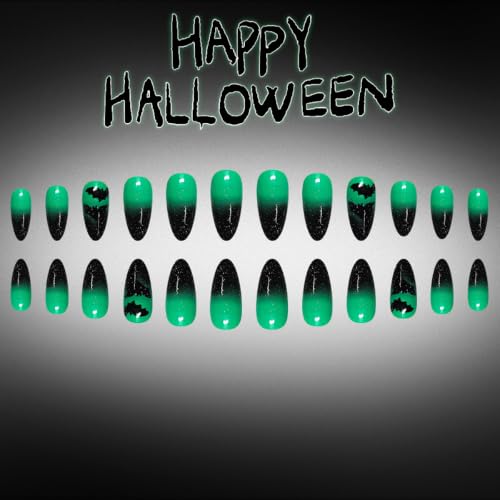 Halloween Press On Nails Green Black - Medium Almond Fake Nails Style-28