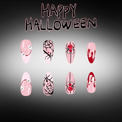 Halloween Press On Nails Medium Almond Fake Nails with Rhinestone Spider Design - Blood Ghost Style - Variation of THIS listing