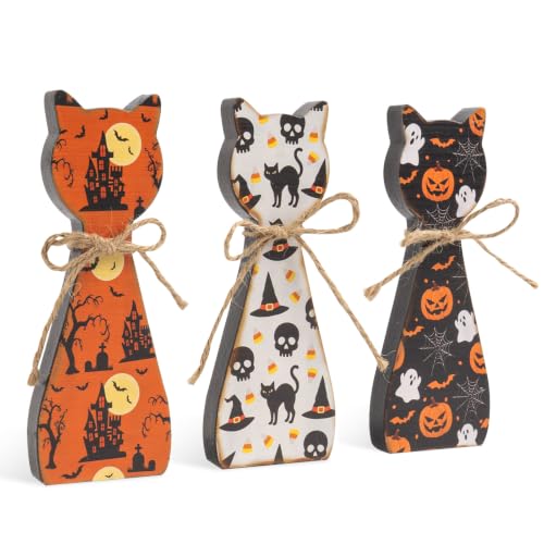 Halloween Cat Figurines Set - Black & White Rustic Wooden Decor for Tiered Tray, Mantle & Shelf