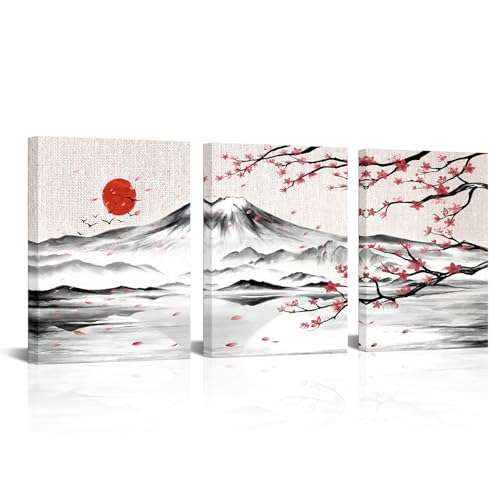 Japanese Cherry Blossom Mount Fuji Canvas Wall Art Set - 12x16 Inches, 3 Pieces