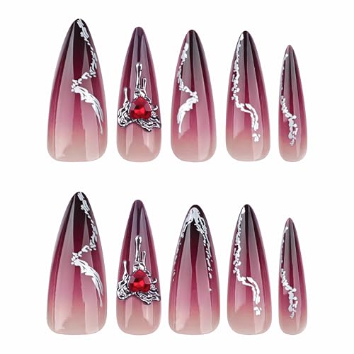 Goth Long Fake Nails with Metallic Heart Charm - Variation ANE04goth 24Pcs