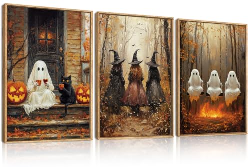 Halloween Wall Art Set of 3 - Framed Gothic Witch Crow Raven Black Cat 24x36 Inches