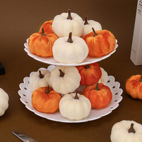 16 Pcs Faux Velvet Pumpkin Fall Decor - Small Artificial Autumn Pumpkins