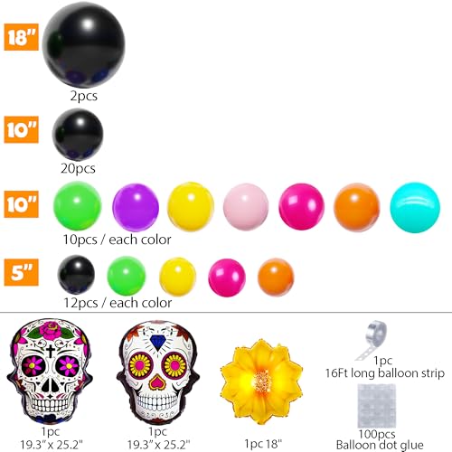 Dia De Los Muertos Balloon Arch Kit with Large Backdrop Banner - 162PCS Halloween Fiesta Decor