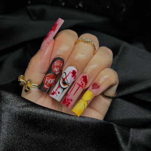 Halloween Clown Coffin Fake Nails Set - Blood Splash, Balloon Print, 24 Pcs Halloween Nails8 Variation
