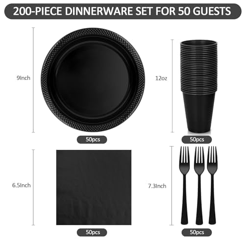 Black Plastic Party Plate Set 200pcs Dinner Plates Cups Napkins Cutlery Disposable