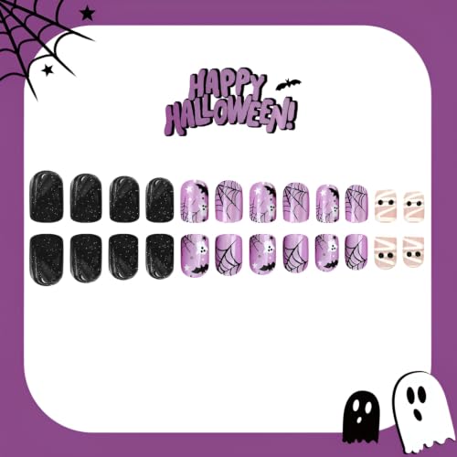 Halloween Short Square Fake Nails - Mummy Design, Purple Black, 24Pcs