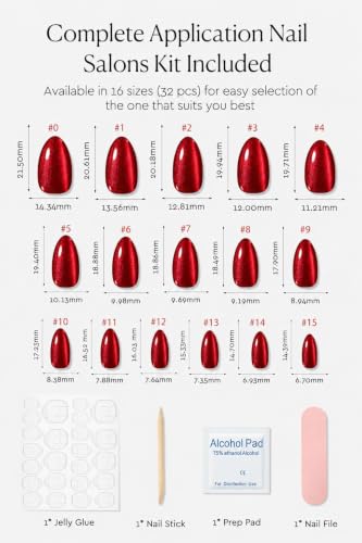 Ruby Red Cat Eye Short Almond Press On Nails - 32 Pcs, 16 Sizes, Reusable