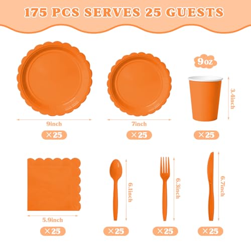 Orange Paper Plates and Napkins Party Set - 175 Pieces for Fall & Halloween