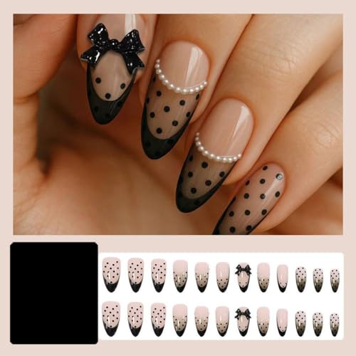 Medium Almond Press On Nails with Black French Tip & Polka Dots – Style-32