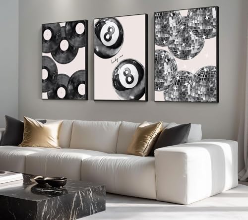 Disco Poster Wall Art Set - Black White Canvas Prints 24x16in - Lucky 8 Ball