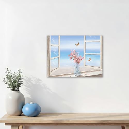 Pink Floral Bathroom Wall Art Canvas with Ocean View Window - 16x12in - Wall Decor