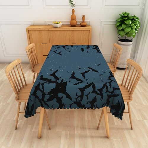 Halloween Tablecloth 54x108 Inch Navy Blue Scary Bats Silhouette Waterproof Washable