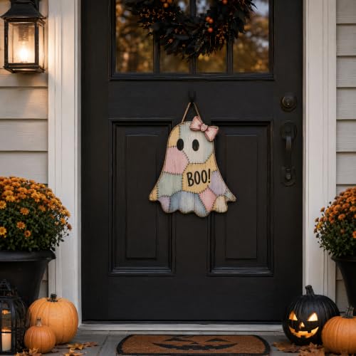 Halloween Ghost Door Sign - Wooden Indoor Front Door Decor Welcome Sign for Halloween