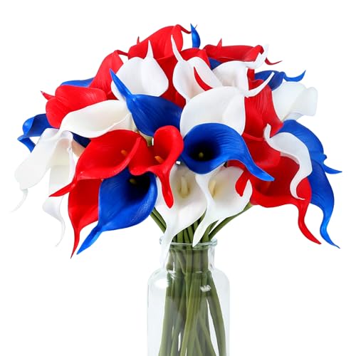 Artificial Calla Lily Flowers 24 Pcs for 4th of July Decorations - White, Red, Blue