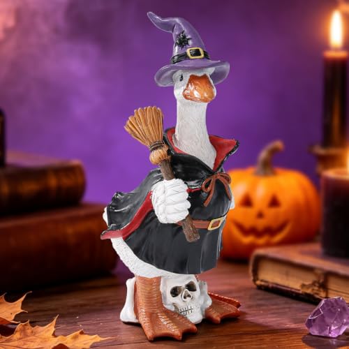Halloween Goose Statue Black Resin Witch Skull Decor - 8.8"