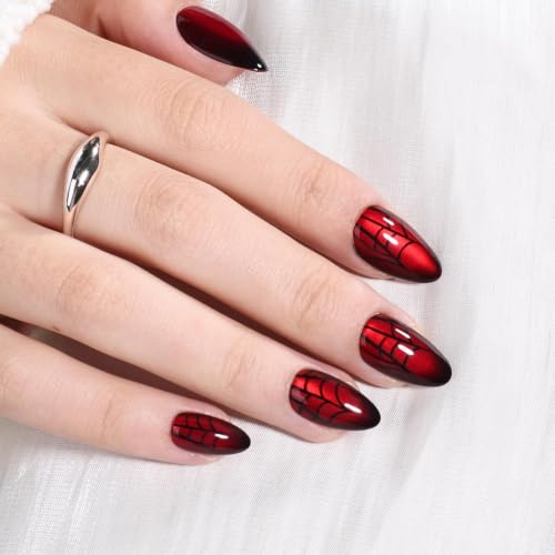 Red Cat Eye Press On Nails - Spider Web Short Almond Design - Variation 08D-Spider