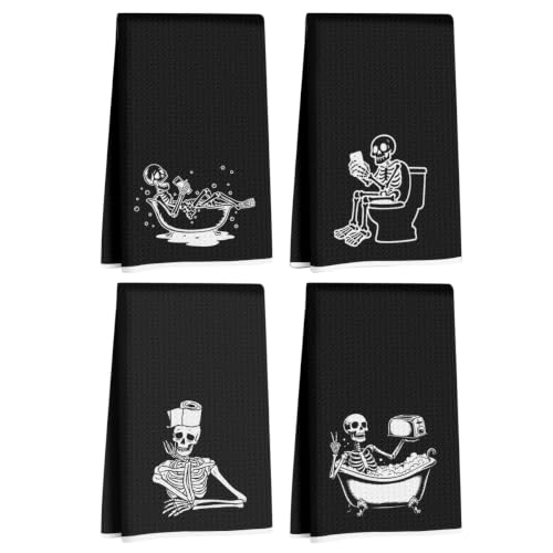 Jztco 4 Pcs Skeleton Halloween Hand Towels - Skull Kitchen Dishcloths Multi 1444