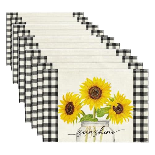 12x18 Inch Buffalo Plaid Sunflower Table Placemats Set of 4 Beige Summer Decor