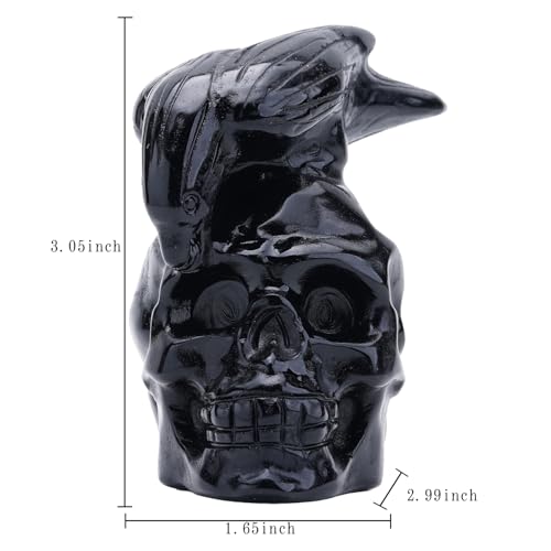 Obsidian Crystal Skull & Crow Hand Carved Statue - 3 Inch Reiki Healing Decor