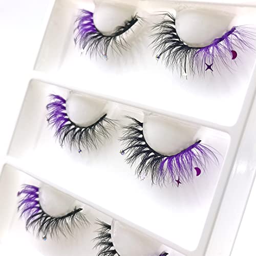 Glitter Rhinestone False Eyelashes - Purple Moon & Star Sequins, Wispy Reusable Fake Lashes for Party & Cosplay - 4 Pairs
