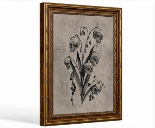 Gothic Skull Floral Wall Art Canvas Print - Vintage Gold Frame 12x16