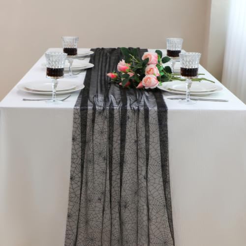 Black Spider Web Table Runner 2PCS 10FT Sheer Tulle Halloween Gothic Decor - Variation: Spiderweb Black / 10FT / 2Pcs
