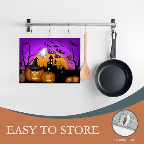 Halloween Pumpkin Dish Drying Mat for Kitchen Counter Decor - Ghost Bats Night Variation - Absorbent Microfiber, Reversible 18x24 Inch