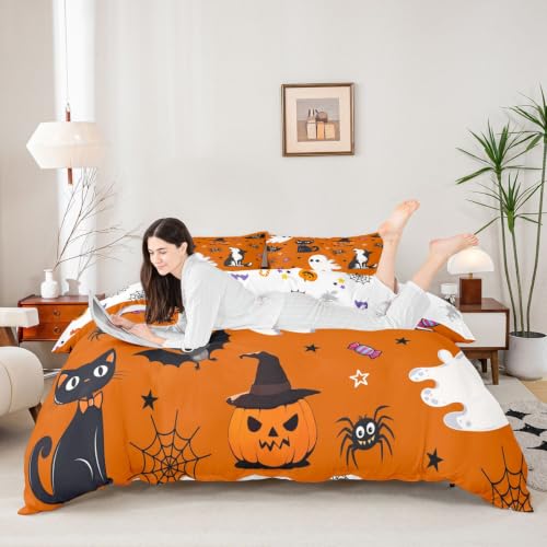 Halloween Bedding Set King Size Cartoon Ghost Pumpkin Black Cat Wolf Bed Cover - Spooky Decor