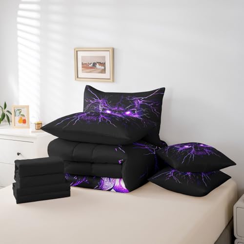 Black Purple Gothic Bed in a Bag Queen Comforter Set 7 Piece Halloween Skeleton Bedding