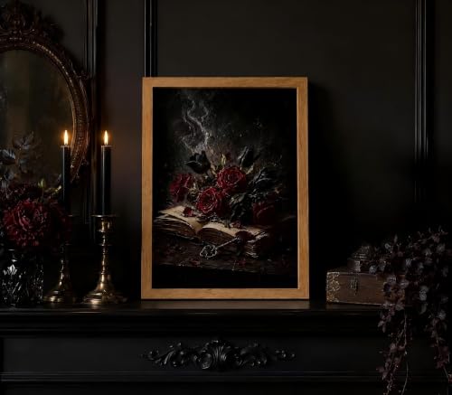 Moody Floral Wall Art - Dark Gothic Book & Roses Frame, 10x8 Inches