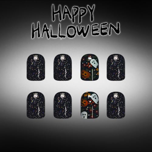Halloween Press On Nails Short Square Black with Flower Ghost Pumpkin - Style3