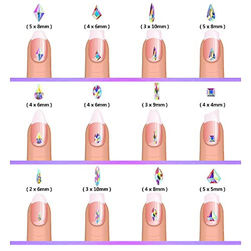 12 Styles 360 Pcs Rhinestones Nail Art Gems Multi Shapes Flat Back Crystals for DIY Nails