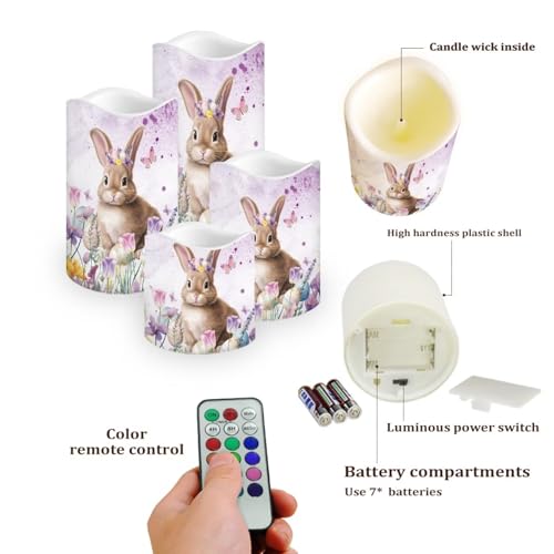 Easter Bunny Purple Floral Flameless Candles Set with Remote & Timer - Color Changing LED Pillars