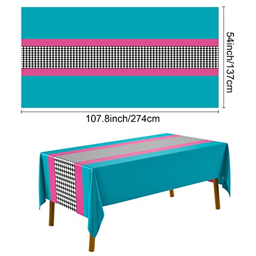 Pink Teal Checkered Wonderland Tablecloth Set - 3 Pieces, 54x108 Inches