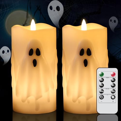 Ghost Flameless Candles with Remote Timer - 2PCS Halloween Decor