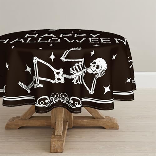 Halloween Tablecloth 90 Inch Round Spooky Skeleton Skull Black - Durable Polyester