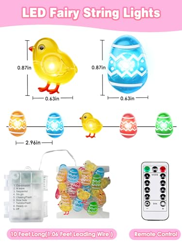 Easter Fairy Lights with Eggs & Chicken - Waterproof String Lights, 10 FT 30 LEDs, Remote Control, 8 Modes