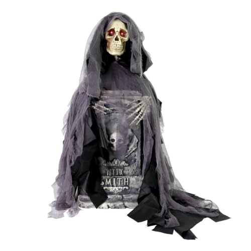 3 Ft Reaper with Tombstone Halloween Animatronic - Rising Haunted Ghost, Touch Activated, Glowing Eyes, Indoor Outdoor Decor