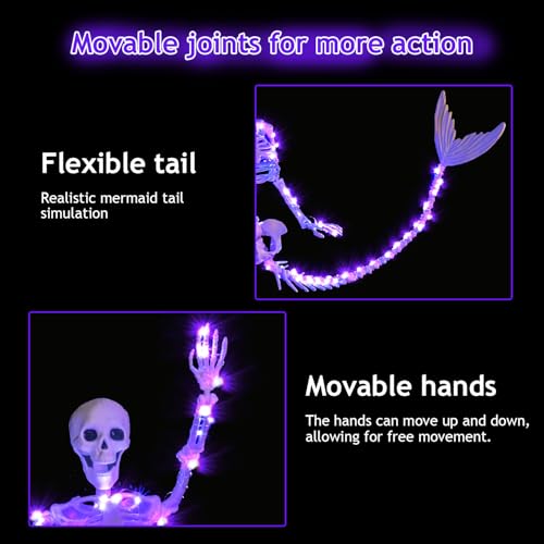 2 Pack 33-Inch Purple LED Mermaid Skeleton Halloween Decorations - Movable Posable Joints Hanging Props