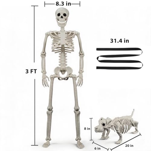 3 FT Human & Dog Skeleton Halloween Decorations Outdoor Indoor Set - Spooky Scene Props